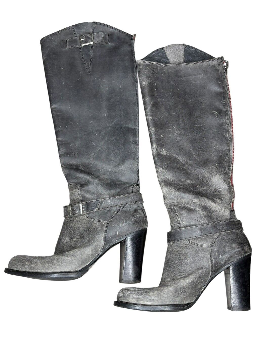 Charles David Boots Block Heel Leather Distressed Steampunk Italy Black Sz 6.5